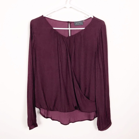 ASTR Burgundy Wine Purple Faux Wrap Top Loose Fit Flowy Chiffon Drape Blouse - Picture 1 of 8